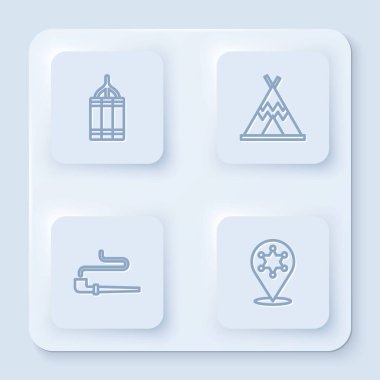 Dinamit hattı, kızılderili çadırı ya da çadır, tüttürme çubuğu ve şerifi hazırlayın. Beyaz kare düğme. Vektör.