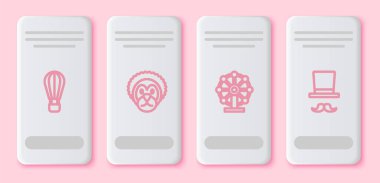 Sıcak hava balonu, vahşi aslan, dönme dolap ve sihirbaz. Beyaz dikdörtgen düğme. Vektör.