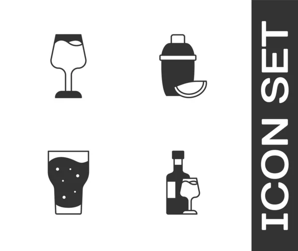 Set Weinflasche Mit Glas Glas Bier Und Cocktailshaker Limetten Symbol — Stockvektor