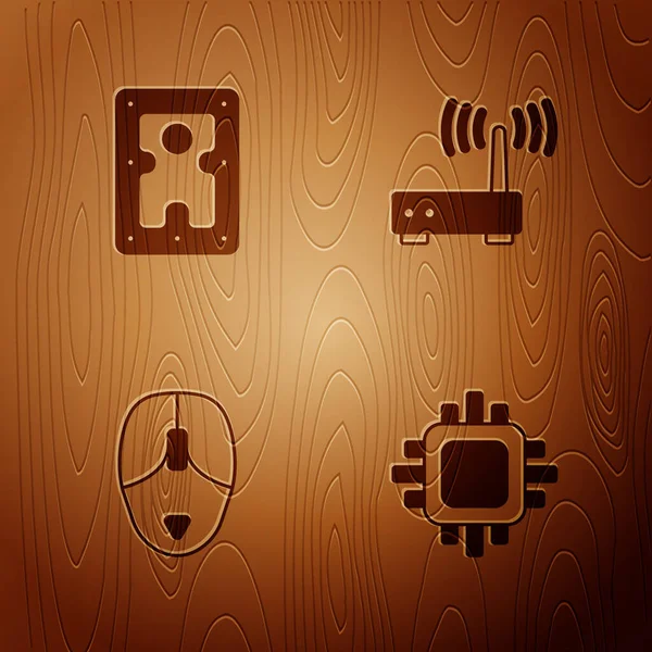 İşlemciyi İşlemci, Sabit disk sürücüsü HDD, Bilgisayar faresi ve Router ve kablosuz ağ sinyalini tahta zemine ayarla. Vektör.