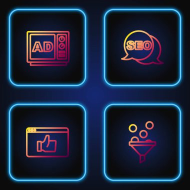 Hat Yönetimi, Müşteri Ürünleri Derecelendirmesi, Reklamcılık ve SEO optimizasyonunu ayarla. Renk simgeleri. Vektör.