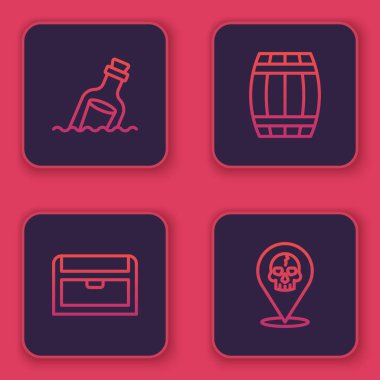 Şişeyi suya, antika hazine sandığına, tahta fıçıya ve korsan konuma göre ayarla. Mavi kare düğme. Vektör.