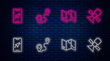Hat güzergahını, katlanmış haritayı, şehir navigasyonunu ve uyduyu ayarlayın. Tuğla duvarda parlayan neon simgesi. Vektör.