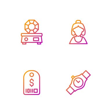 Bileklik saati, dolar fiyatlı etiket, mücevher taşı ve kuyumcu danışmanı. Renk simgeleri. Vektör.