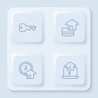 Set Evi Kredi Kartı Zamanı, para ve online gayrimenkul. Beyaz kare düğme. Vektör.