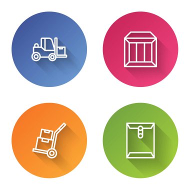 Forklift kamyon karton kutu el, kutular ve zarf ayarlayın. Renkli daire düğmesi. Vektör.