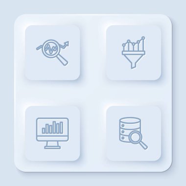 Çizgi Arama Veri Analizi Satışları hunisini grafik grafiği ve sunucusu ile ayarla. Beyaz kare düğme. Vektör.