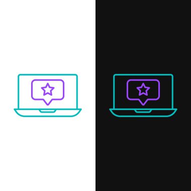 Yıldız simgesine sahip çizgi dizüstü bilgisayar beyaz ve siyah arkaplanda izole edildi. Favori, en iyi derecelendirme, ödül sembolü. Renkli taslak konsepti. Vektör.