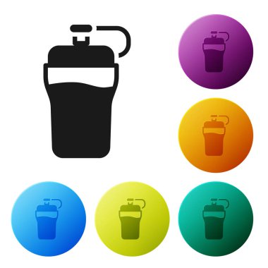 Beyaz arkaplanda siyah fitness sallama simgesi izole edildi. Su ve protein kokteylleri için kapaklı spor karıştırıcı şişesi. Simgeleri renk daire düğmelerine ayarla. Vektör.