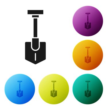 Beyaz arkaplanda siyah kürek simgesi izole edildi. Bahçe aletleri. Bahçecilik, tarım, çiftçilik aleti. Simgeleri renk daire düğmelerine ayarla. Vektör.