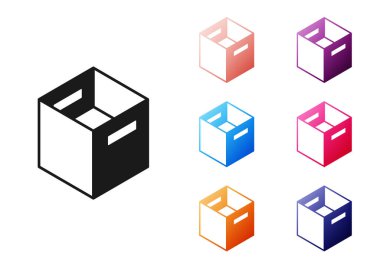 Beyaz arkaplanda siyah karton kutu simgesi izole edildi. Kutu, paket, paket işareti. Teslimat ve ambalaj. Simgeleri renklendirin. Vektör.