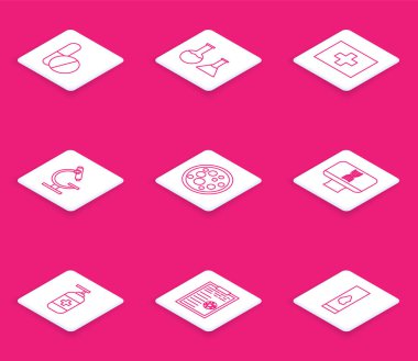 İlaç hapı ya da tablet test tüpü ve matara ilk yardım çantası mikroskop virüs DNA sarmal bilgisayar şişesi sıvı antibakteriyel sabun ve pano ile kan testi sonuçları ikonunu ayarla. Vektör.