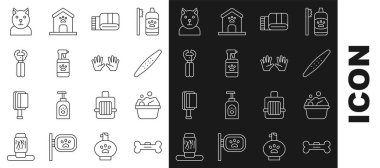 Köpek Kemiği Evcil Hayvan Banyo Tırnağı dosya evcil havlusu şampuan tırnak makası Kedi ve Tıbbi kauçuk eldiven ikonu. Vektör.