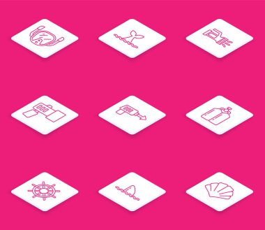 Halat Dalış Maskesi Balina Kuyruğu Okyanus Dalgası Flashlight Balıkçılık Zıpkın Gemisi Direksiyonu ve Köpekbalığı yüzgeci ikonu. Vektör.