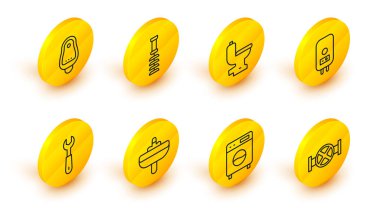 Hat hattı, sanayi borusu ve valf yıkama vanası anahtarı elektrikli kazan dairesi tuvalet fırçası ve pisuar ya da sidik ikonu. Vektör.