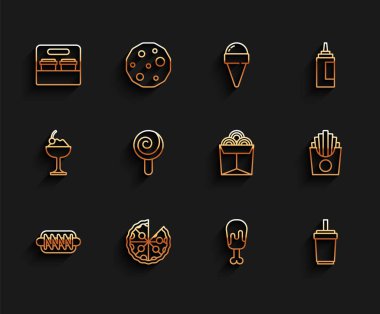 Hotdog Sandviç Pizza Kahve fincanı. Tavuk budu. Kağıt bardakta saman lolipop patates kızartması ve erişte ikonu. Vektör.