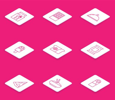 İnternetten sipariş ve teslimat. Dondurmalı tost ekmeği, patates cipsi, pizza dilimi ve yemek çubuğu ikonu ile kaplı. Vektör.