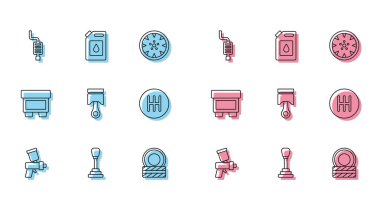 Boya spreyi, vites değiştirici araba egzoz tekerleği piston fünyesi ve motor yağı ikonu için teneke kutuyu ayarla. Vektör.