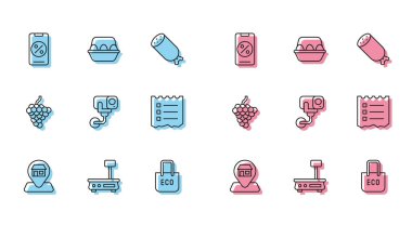 Hat Konum Marketi Elektronik ölçekli indirim ve geri dönüşüm güvenlik kamerası listeli mobil alışveriş torbası üzümlü meyve ve tavuk yumurtası ikonu. Vektör.