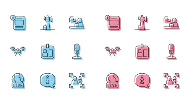 Canlı yayın haberlerini hazırla. Gazeteci kimliği. Mikrofon İHA ve Anten simgesi. Vektör.