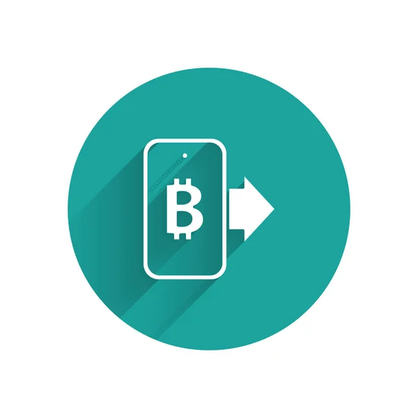 Biała Górnicza Bitcoin Mobilnej Ikony Odizolowana Długim Cieniem Kryptowaluta Górnicza — Wektor stockowy