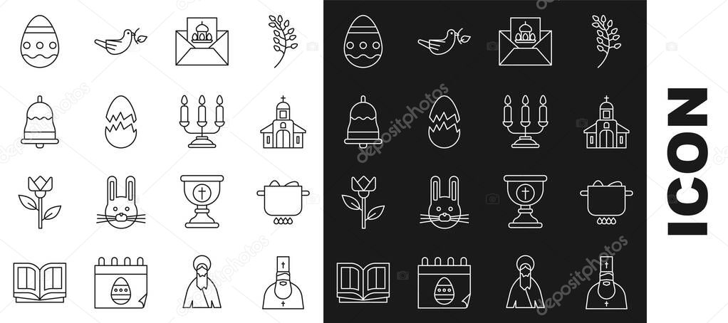 Set line Priest Egg in hot pot Church building Greeting card with Happy Easter Broken egg Ringing bell and Candelabrum candlesticks icon. Vector.