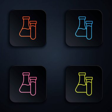 Renkli neon hattı test tüpü ve siyah arkaplanda izole edilmiş kimyasal test ikonu. Laboratuvar cam levhası. Kare düğmelere simgeleri yerleştir. Vektör.