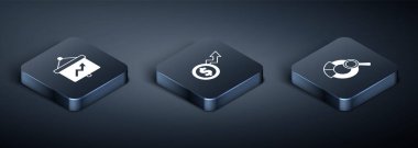 Grafik Arama Veri Analizi ve Mali Büyüme Dolar simgesi ile Isometric Tahtasını ayarla. Vektör.