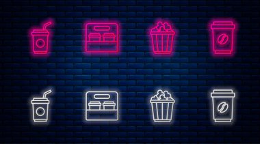 Kahve fincanını hazır et, kutuda patlamış mısır, samanlı kağıt bardak ve... Tuğla duvarda parlayan neon simgesi. Vektör.