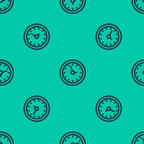Blauwe Lijn Klok Pictogram Geïsoleerd Naadloos Patroon Groene Achtergrond Tijdsymbool — Stockvector