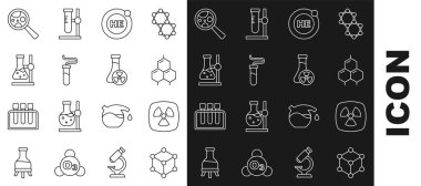 Molekül Radyoaktif Kimyasal Formül Helium Test tüpü şişesini büyüteç altında ve zehirli sıvı ikonuyla ayakta duran mikroorganizmalara ayarla. Vektör.