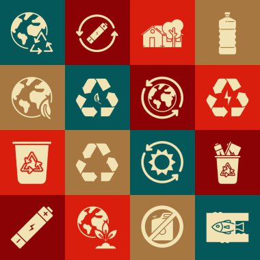 Okyanus Plastik Kirliliği Geri Dönüşüm Kutusunu Geri Dönüşüm Sembolü Battery Çevre dostu ev ve Dünya Gezegeni Dünya geri dönüşüm ve simgesi ile donatın. Vektör.