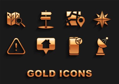 Harita işaretçisini ev rüzgarı ile ayarla. Şehir haritası navigasyon ünlem üçgeni. Katlanmış konum işareti ve yol trafik işareti simgesi simgesi. Vektör.