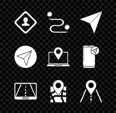 Yol trafik işareti güzergahı kağıttan uçak bilgilerini işaretleyici ve dizüstü bilgisayar simgesi ile katlanmış olarak ayarla. Vektör.