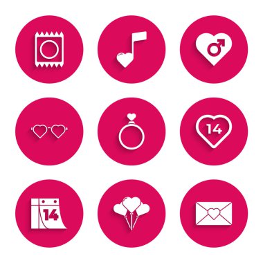 14 Şubat 'ta, Sevgililer Günü Takvimi şekilli aşk gözlüğü, erkek cinsiyeti ve prezervatif paketi ikonu şeklinde kalp şeklinde balonlar ayarlayın. Vektör.