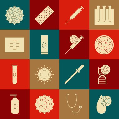 Kan testi ve virüs DNA sembolü Virüs Şırıngası ilk yardım çantası ve ikonu hazırla. Vektör.