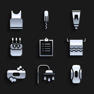 Clipboard 'u, duş listesi baş hijyenik peçete havlusuyla kulaklık için pamuk çubuğu pamuk çubuğu diş macunu ve kolsuz tişört ikonu için ayarla. Vektör.