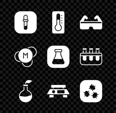 Pipette Tıbbi termometre güvenlik gözlüklerini ayarla. Elektronik üreme, Bakteri Molekülü, Test tüpü ve şişe ikonu. Vektör.