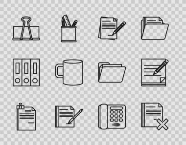 Satır Dosya belgesini ve klasör klipini silin. Silgi Binder Kahve fincanı düz telefon ve simgeyle silin. Vektör.