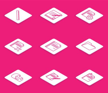 Silgi Belgesi ayarları ile çizgi Cetvel Boş defterini ve kalemi ayarla. Dosya dosyası dosya dosyası klasörü Scotch ve simgesini sil. Vektör.