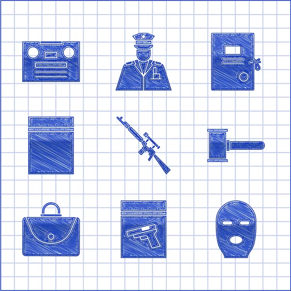 Keskin nişancı tüfeğini dürbünlü çanta ve tabancayla ya da silah maskeli Yargıç Gavin Plastik ziplock dava kağıdı ve Retro ses kaset ikonu ile ayarla. Vektör.