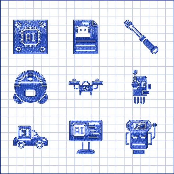 Set Drone Software Robot Faible Charge Batterie Aspirateur Voiture Intelligente — Image vectorielle