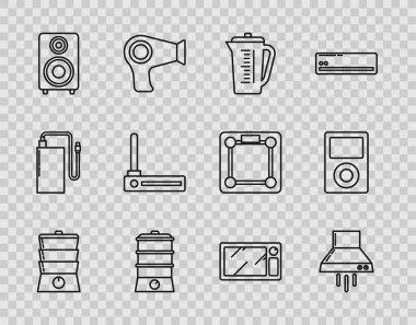 Hat Çifte Kazan Mutfağı vantilatör fanı ölçme kabı ses ve kablosuz ağ sinyali mikrodalga fırını ve müzik çalar ikonunu ayarla. Vektör.