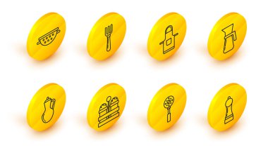 Pepper Spatula Tuzu ve bir şişe zeytin yağı ölçme kabı mutfak çatalı ve süzgeç ikonu. Vektör.
