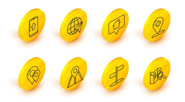 Çizgiyi konum işaretleyici trafik işaretli harita ile ayarla. Harita iğnesi tıbbi işaretçi hastanenin karşısındaki konum. Şehir navigasyon simgesinin dünya ve Infographic konumu. Vektör.