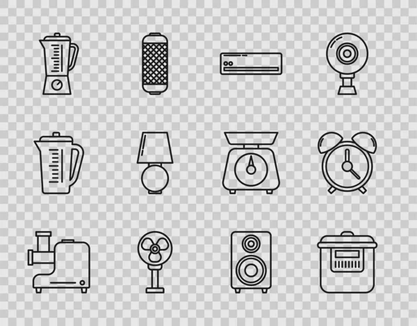 Line Kitchen et öğütücü Yavaş pişirme kliması elektrikli fan blender masa lambası ses sistemi hoparlörü ve alarm saati simgesi. Vektör.