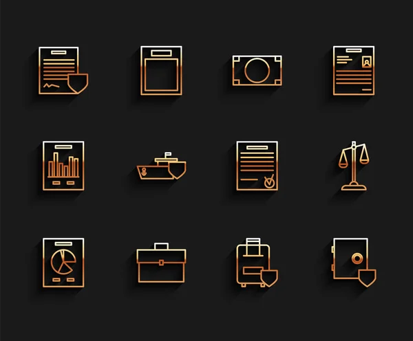 Set Line Document Graph Chart Χαρτογράφηση Χαρτοφύλακα Συμβόλαιο Ασπίδα Ταξιδίου — Διανυσματικό Αρχείο