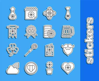 Dört yapraklı yonca bıyıklı, sakallı, tahta bardaklı Kelt madalyalı, madalyalı, madalyalı, para çantalı ve altın sikke ikonlu. Vektör.