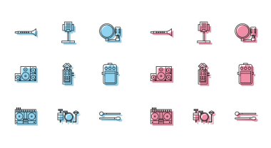 Davul Davulları, Klarnet Çubukları Mikrofon Gitar Pedalı Stereo Hoparlörü ve Müzik Standı simgesini çalmak ve karıştırmak için DJ 'i ayarlayın. Vektör.