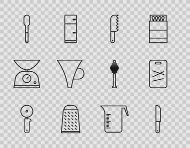 Pizza bıçağı bıçaklı ızgara kaşıklı huni ya da ölçü kabı ve kesme tahtası simgesini ayarlayın. Vektör.